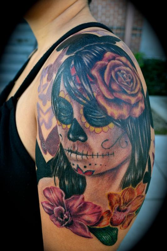 Tattoos - Day of the Dead Woman Portrait with Orchids - 62261